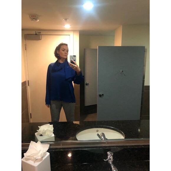 JOSEPH Women's Royal Blue High Neck Attached Scarf Cannon Glazed Top Size 38 - Picture 13 of 14